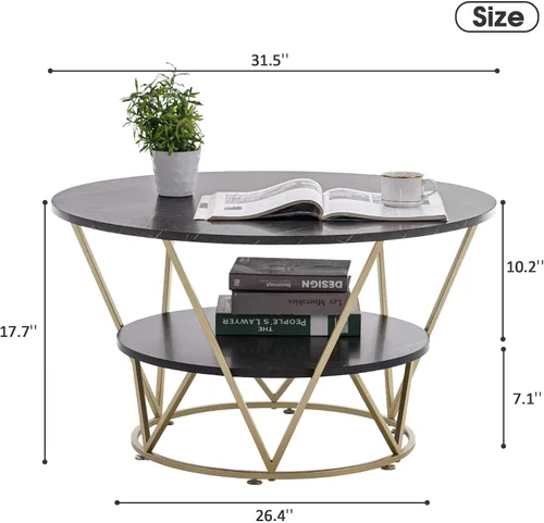 Miniatura 3 de ivinta Mesa auxiliar redonda, mesa central moderna de 2 niveles con estante de almacenamiento y marco de metal dorado resistente para sala de estar