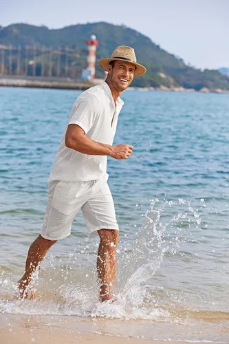 Miniatura 2 de COOFANDY Conjunto de 2 piezas de lino para hombre, camisas Henley casuales de manga corta, pantalones cortos de yoga para la playa, pantalones