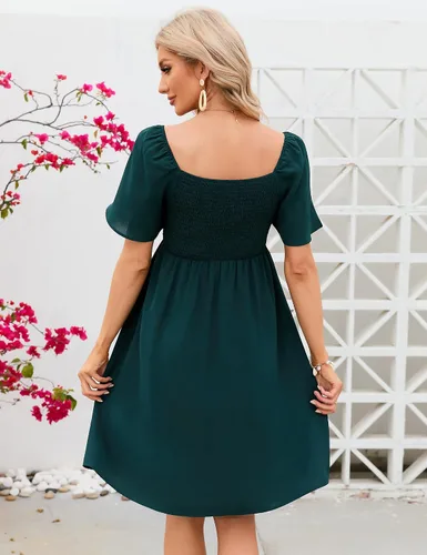 Miniatura 3 de KOJOOIN Vestido de maternidad de verano para mujer, lazo en la espalda, cuello cuadrado, manga abombada, hombros descubiertos, vestido de baby shower