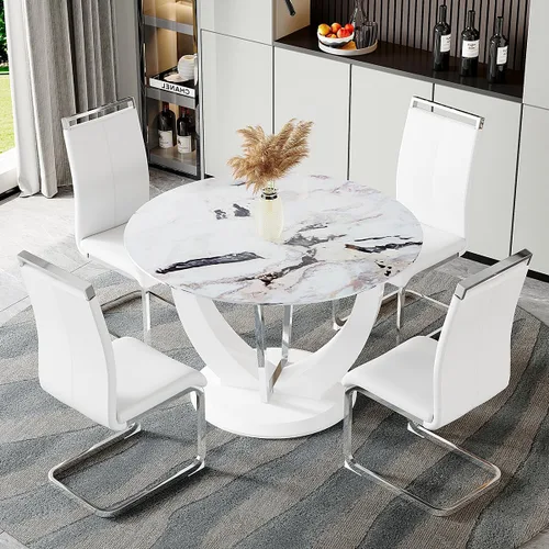 Miniatura 33 de Juego de mesa de comedor redonda para 4, mesa moderna de 48" con tapa de mármol sintético falso y pedestal brillante negro, juego de mesa de cocina