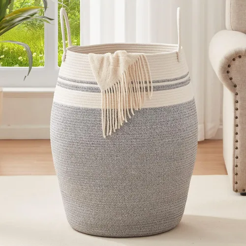 OIAHOMY Cesta de lavandería tejida de cuerda de algodón grande para ropa con asas de algodón extendidas, cesta curva moderna para almacenamiento de