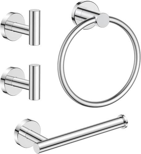 FORIOUS 4 accesorios de baño, soporte para papel higiénico de acero inoxidable SUS304, anillo para toalla y 2 ganchos para toallas, juego de Cromado