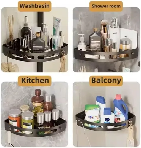 Miniatura 5 de Organizador de ducha esquinero, estante de almacenamiento de baño negro montado en la pared, estante organizador de plástico con agujeros