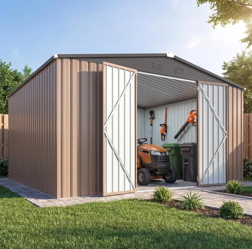 Miniatura 11 de AECOJOY Cobertizo de almacenamiento de metal para exteriores de 4 x 6 pies, cobertizo de herramientas de jardín resistente con puerta doble con Gris