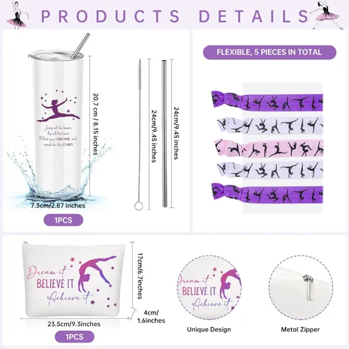 Miniatura 2 de Junkin 3 piezas de regalos de gimnasia para mujeres, incluye vaso de acero inoxidable con bolsa de maquillaje y pajita, lazos elásticos