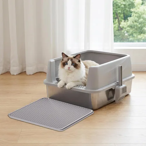 Miniatura 7 de Henkelion Caja de arena para gatos de acero inoxidable con tapa, caja de arena extra grande para gatos grandes con lados altos, antiadherente