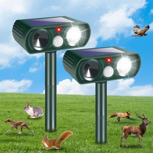 Paquete de 2 repelentes solares ultrasónicos de animales para exteriores, gatos, ardillas, ciervos, dispositivos repelentes de animales,