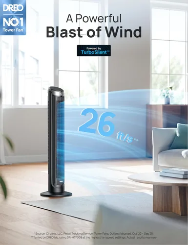 Miniatura 2 de Dreo - Ventilador de torre para dormitorio, ventiladores oscilantes de 90° que soplan aire frío, 5 velocidades, 4 modos con velocidad de 26 pies por