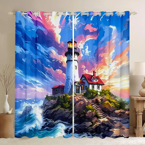Miniatura 7 de Erosebridal Nautical Lighthouse Blackout Curtains 30-50% Navigation Theme Curtains for Women Men Watercolor Seascape Window Treatments Coastal Night