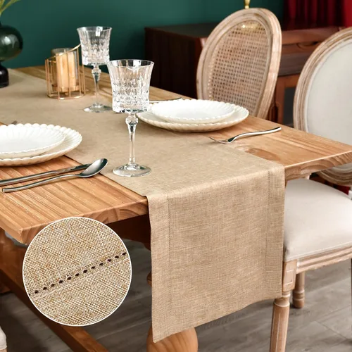 Miniatura 10 de NEWISHER Camino de mesa rústico de lino sintético con borde de vainica, decoración de mesa rectangular beige sólido para comedor, mesa auxiliar