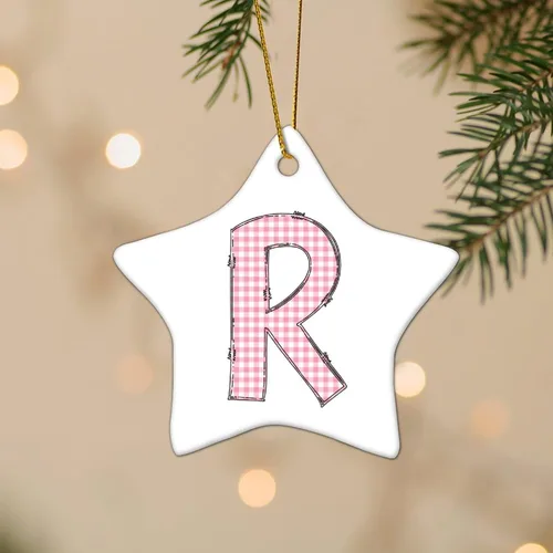 Miniatura 2 de Adorno de cerámica con monograma de letras del alfabeto de búfalo rosa con forma de estrella, recuerdo colgante para boda, invierno, Año Nuevo