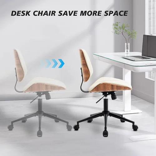 Miniatura 5 de Silla de escritorio sin brazos con ruedas giratorias de 360°, silla de computadora ergonómica de altura ajustable para oficina en casa, piel Beige