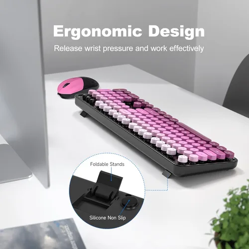 Miniatura 122 de KNOWSQT Combo de teclado y ratón inalámbrico, teclados lindos de tamaño completo estilo máquina de escribir 2.4G azul colorido - receptor USB Plug