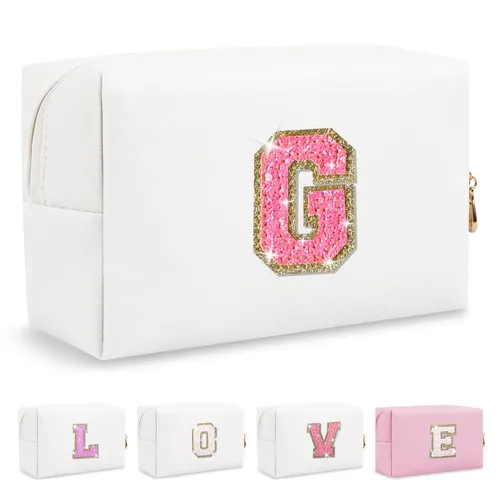 Miniatura 427 de Pequeña bolsa de maquillaje personalizada con inicial A-Z Preppy Patch, bolsa de cosméticos de viaje de felpilla blanca con cremallera, bonita bolsa