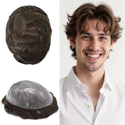 Miniatura 49 de Toupee - Sistema de reemplazo de cabello humano real de 0.004 in para hombres, con inyección, poliuretano duradero, piel fina, línea capilar