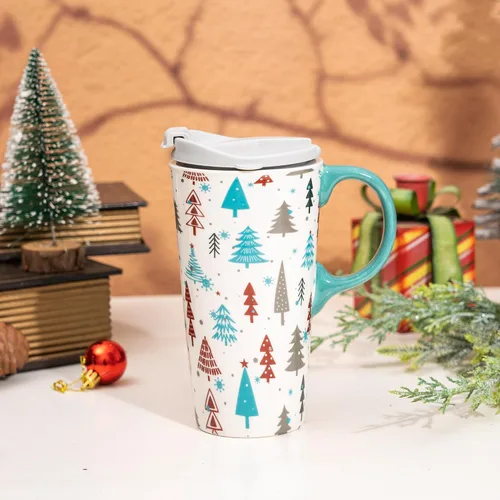 Miniatura 2 de Taza de café de cerámica de árbol de invierno de 17 onzas con tapa y caja de regalo, divertida taza de té de porcelana multicolor con leche, apta