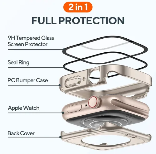 Miniatura 3 de 2 Pack 2 en 1 Funda impermeable para Apple Watch Series 8 7 de 41 mm, Parachoques frontal y trasero de PC de borde recto con protector de pantalla