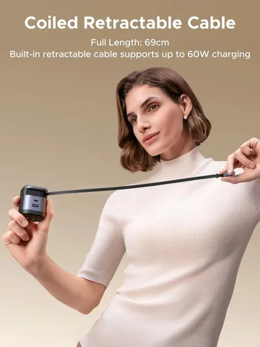 Miniatura 3 de UGREEN Nexode - Cargador retráctil USB C de 65 W GaN con cable integrado, adaptador de pared de carga rápida de 2 puertos para iPhone 17/16/15