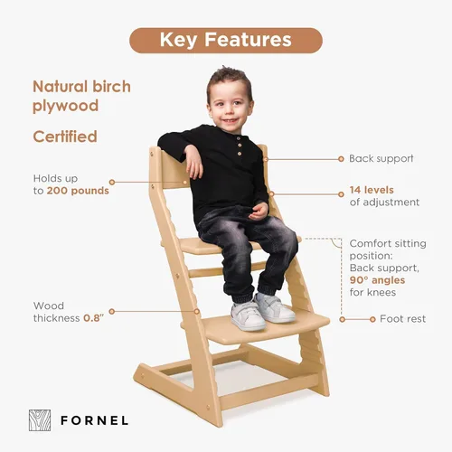 Miniatura 3 de FORNEL Silla alta de madera para bebés y niños pequeños, altura ajustable, fácil de limpiar, silla de comedor para niños de 3 años a 200 libras
