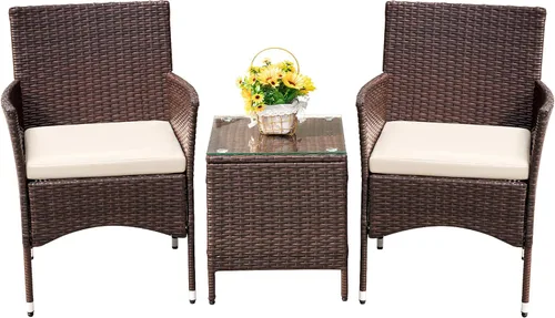Devoko - Juego de muebles de porche, 3 piezas, de ratán, de polietileno, sillas de mimbre, cojín beige con mesa al aire libre, muebles de jardín