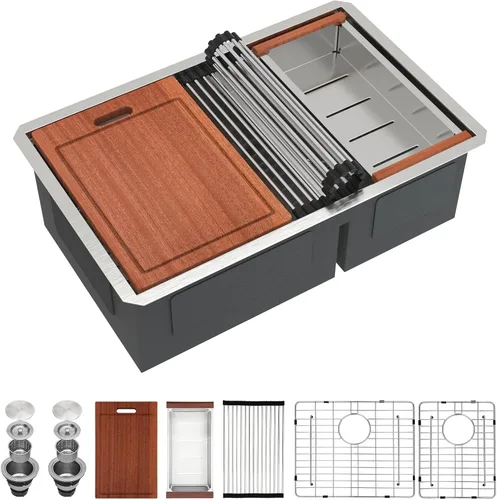 Miniatura 25 de Sarlai 28 Fregadero de cocina bajo encimera de doble tazón - Fregadero bajo encimera de acero inoxidable de 28x19 pulgadas de calibre 16, con repisa