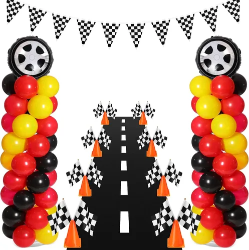 Lunmon 159 piezas de decoración de fiesta de cumpleaños de autos de carreras, incluye 129 semáforos, juego de soporte para globos, 2 neumáticos