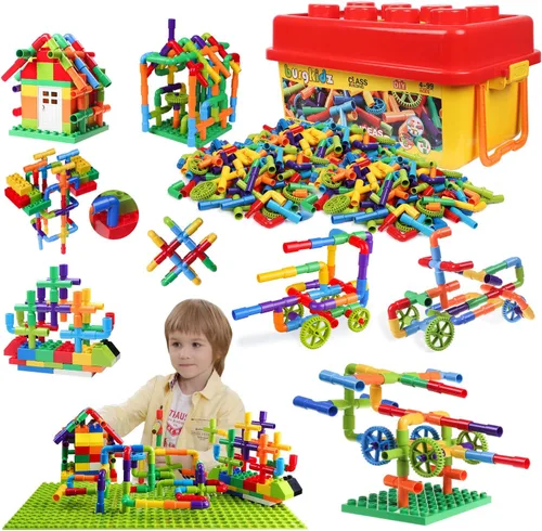 Miniatura 10 de burgkidz STEM - Bloques de construcción de tubo de aprendizaje para tubo, juguetes sensoriales con ruedas, placa base para todas las edades, niños