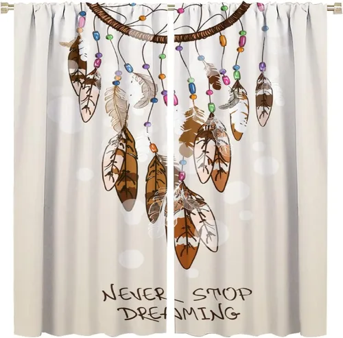 Cortinas atrapasueños, diseño de plumas, diseño de tipografía Never Stop Dreaming, para sala de estar, dormitorio, cocina, beige marrón, 42 x 45