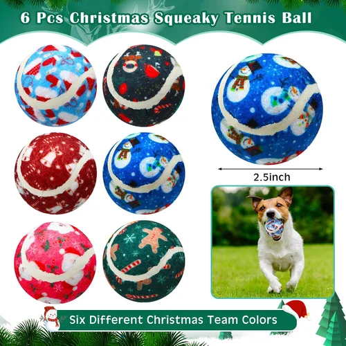 Miniatura 2 de Seenelling 6 pelotas de tenis chirriantes de Navidad para perros y mascotas, pelotas interactivas para perros pequeños, medianos y grandes
