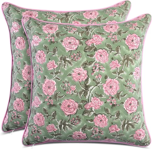 Miniatura 14 de CPC Fundas de Cojines Decorativos 100% Algodón 16x16 Pulgadas, Juego de 2 Cojines de Sofá con Estampado de Bloques Rosados, Lindas Almohadas