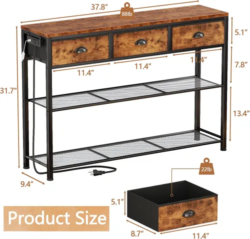 Miniatura 2 de Furologee - Mesa de consola con estación de carga y 3 cajones de tela, mesa de entrada de 38 pulgadas con estantes de almacenamiento y luz LED