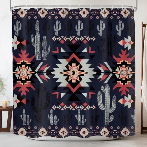Miniatura 23 de Newsely Cortina de Ducha Pequeña para Caseta RV Occidental Azteca de Cactus 36Wx72H Pulgadas Campista Suroeste Boho Geométrica Étnica Cortina