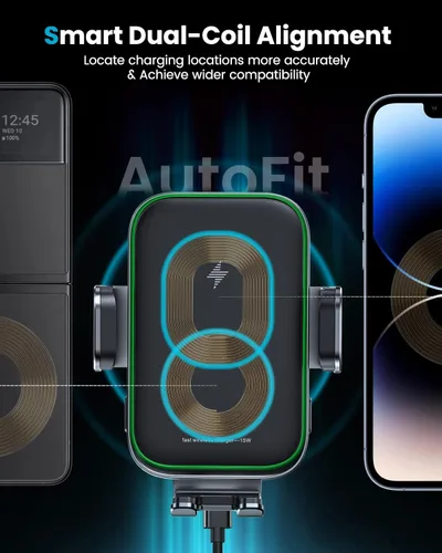 Miniatura 2 de APPS2Car Cargador inalámbrico de doble bobina para automóvil, sujeción automática de 15 W, soporte de carga inalámbrica para teléfono, soporte