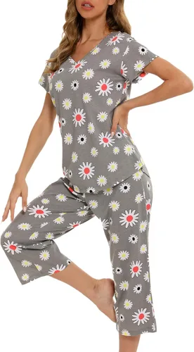 Miniatura 3 de ENJOYNIGHT Conjunto de pijama para mujer, ropa de dormir de algodón con pantalones capri, lindos pijamas