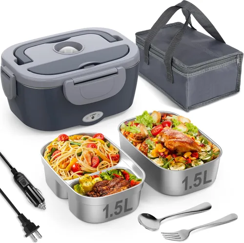 Miniatura 8 de Vabaso Electric Lunch Box for Adults, 80W Heated Lunch Box with Dual 1.5L Stainless Steel Containers, Portable Food Warmer for Men Work Car Truck