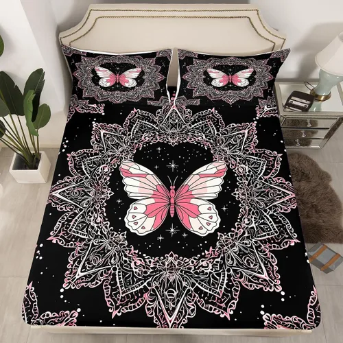 Miniatura 2 de Feelyou Juego de sábanas de mariposa tamaño individual para niños y niñas, juego de sábanas de mandala bohemio para niños, sábanas negras y rosas