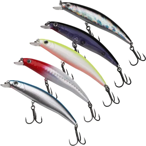 Miniatura 5 de Kit de señuelos de pesca mezclados, incluyendo ojos 3D Hard Minnow Popper cebos de manivela con ganchos para agua salada, trucha, lubina, salmón