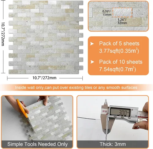 Miniatura 6 de VAOVI Adhesivo de pared de ladrillo con aspecto de mármol para despegar y pegar, para salpicaduras en muro de cocina y baño (10 hojas, azul gris)