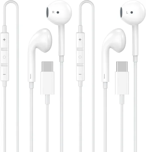 [Certificado MFi de Apple] Auriculares USB C para iPhone 17 16, paquete de 2 auriculares con cable USB C con control remoto integrado para controlar