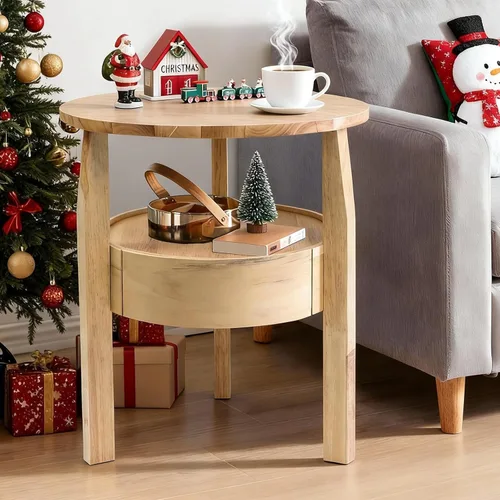 Mesa auxiliar redonda con almacenamiento y cajón oculto, mesa auxiliar de madera natural de 20 pulgadas de profundidad x 20 pulgadas de alto con