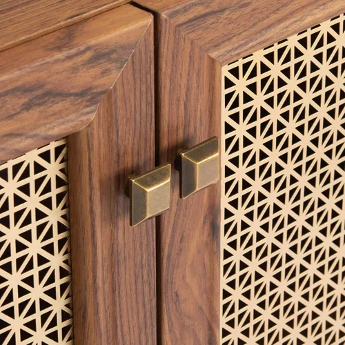 Miniatura 5 de SAFAVIEH Piran Soporte de TV para pantalla plana de hasta 70 pulgadas, nogal y dorado, 4 puertas con almacenamiento interior, consola multimedia