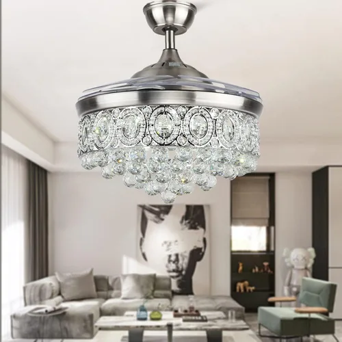 Miniatura 7 de Fandian Ventilador de techo moderno de cristal de 42 pulgadas con luces, lámpara de araña de control remoto, motor silencioso, 3 velocidades y 3