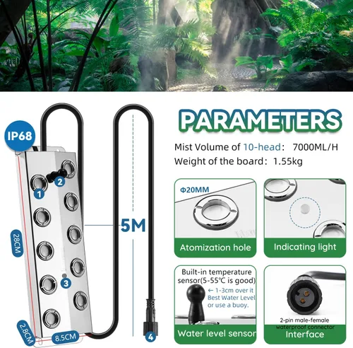 Miniatura 2 de Mxmoonant Mist Maker 10 Head Ultrasónico Estanque Fogger 236.7 fl oz/H Humidificador de niebla con flotador Fuente de alimentación de 400 W