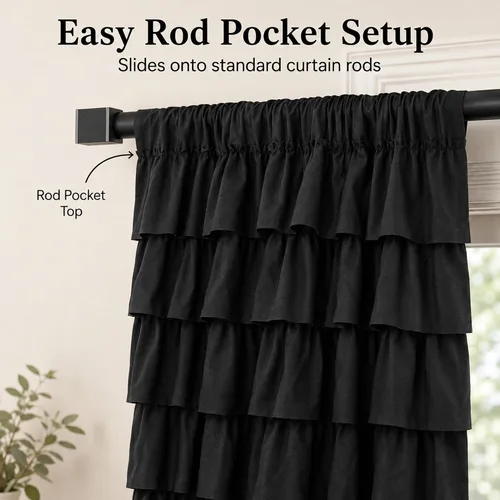 Miniatura 6 de Black Ruffle Curtains 2 Panels, 12-Layer Ruffled Window Panels, Light Filtering Shabby Chic Farmhouse Drapes for Bedroom Dorm Bathroom, Rod Pocket