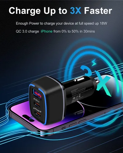 Miniatura 3 de Cargador de coche USB C de 78 W, adaptador de encendedor de cigarrillos de carga súper rápida, cargador automático de 3 puertos para Samsung Galaxy