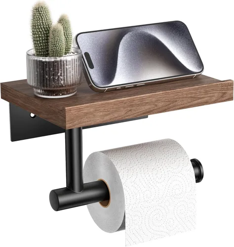 Tindbea Portarrollos de papel higiénico con estante de madera, soporte de rollo de papel higiénico de madera para montaje en pared, accesorios de