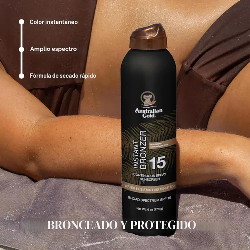 Miniatura 4 de Australian Gold - Protector solar en aerosol continuo con bronceador instantáneo SPF 15, brillo inmediato y secado rápido, amplio espectro