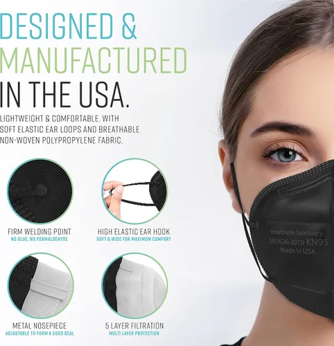 Miniatura 3 de Breatheze KN95 Face Masks Made in USA - Face Masks Disposable KN95 Mask - FDA Registered Masks Adulto 50 Pack Negro