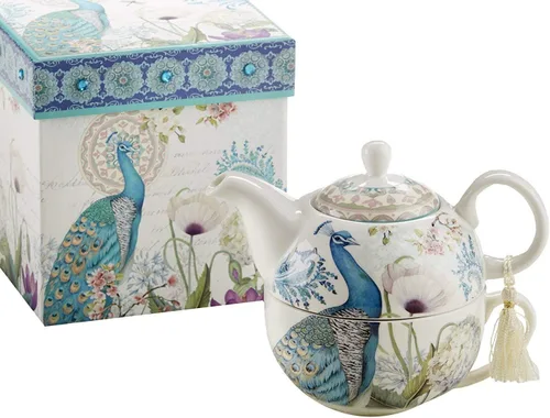 Delton Productos Té de porcelana de pavo real para uno en caja de regalo