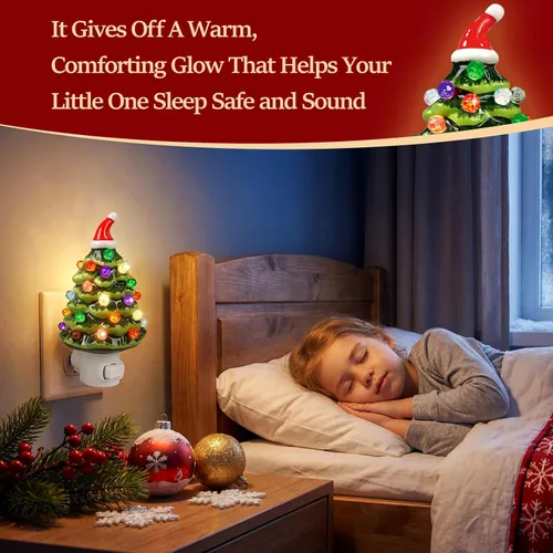 Miniatura 4 de Luz nocturna de cerámica para árbol de Navidad, paquete de 2 luces nocturnas de Navidad con enchufe de 6.3 pulgadas, árboles de Navidad de cerámica